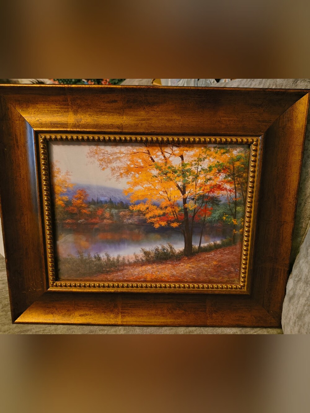 Autumn Lake Framed Wall Art - Golden Brown Landscape